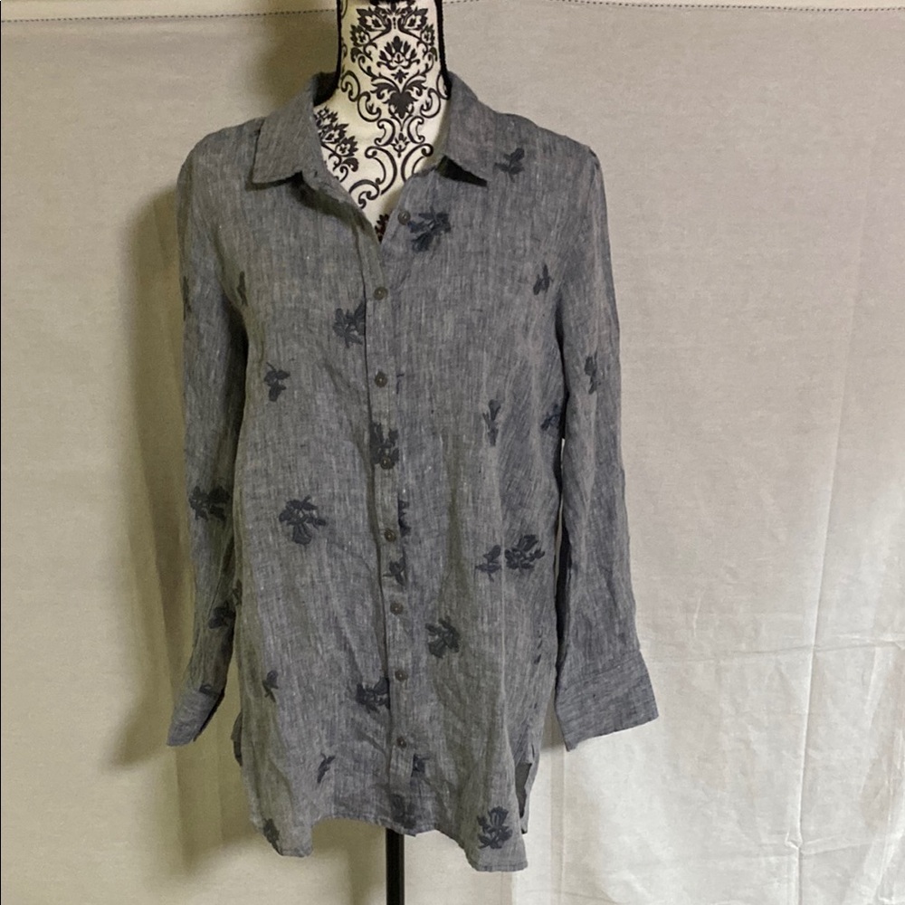 Karyn Seo Linen Blue Embroidered Floral Button-Up long sleeve with rolled tab